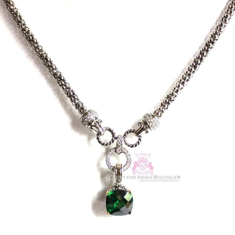 Multi Faceted Throne Room Emerald Green Checker Cushion Cut Two Tone CZ Pendant